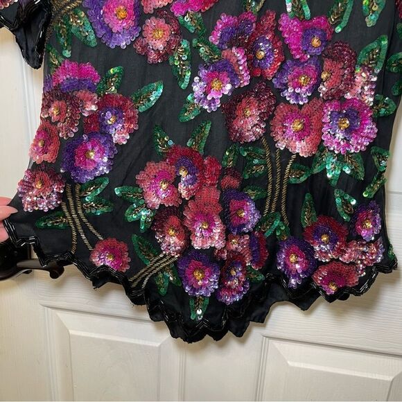 Vintage Laurence Kazar Silk Floral Beaded Sequined Top Multicolor Formal - Picture 3 of 16
